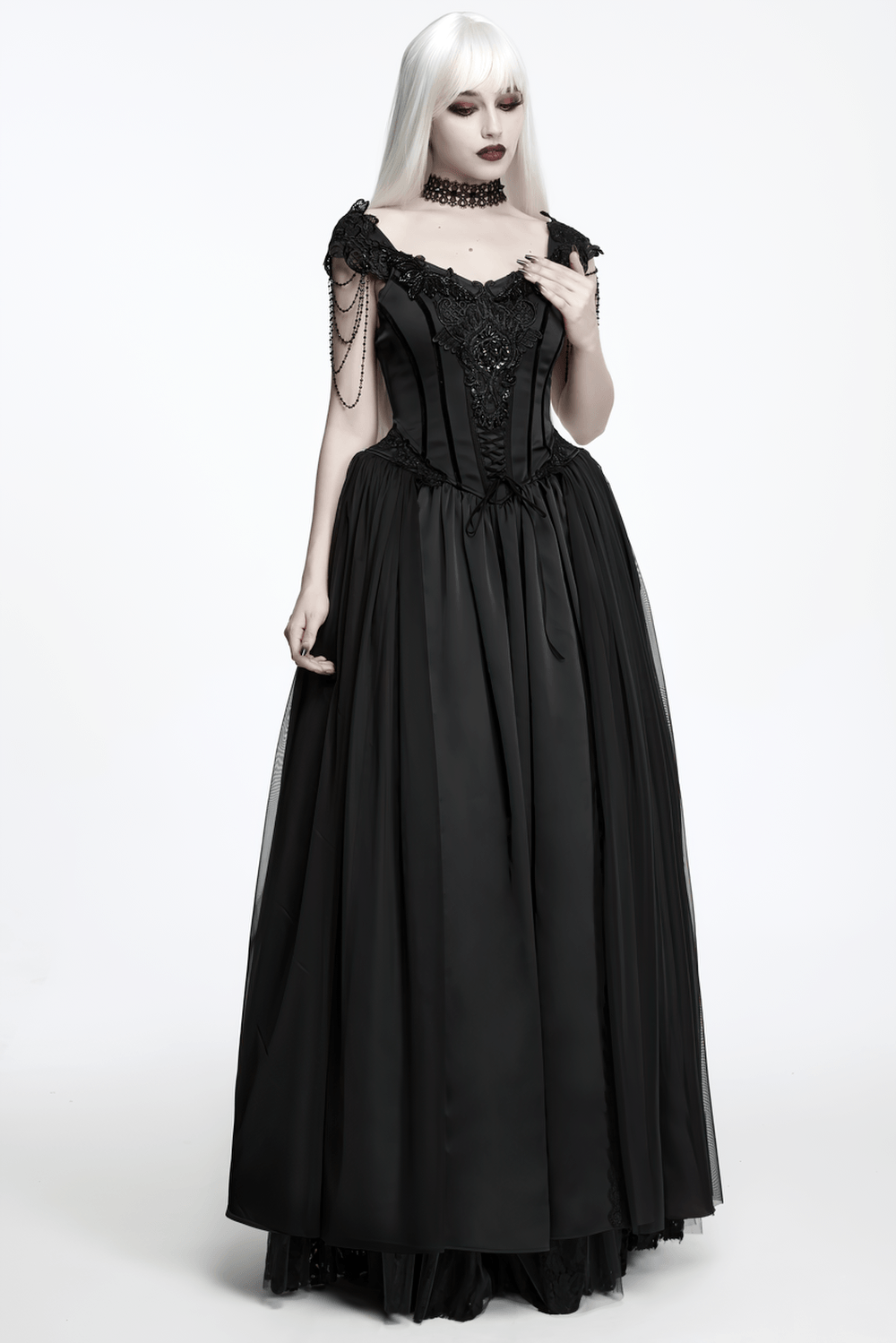 Elegant Black Victorian Gothic Lace Corset Maxi Dress