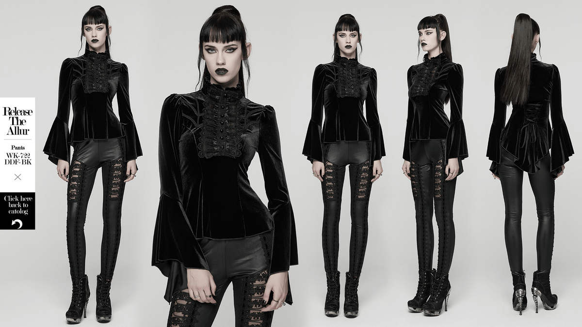 Elegant Goth Top with Ruffled Lace and Pearl Buttons
