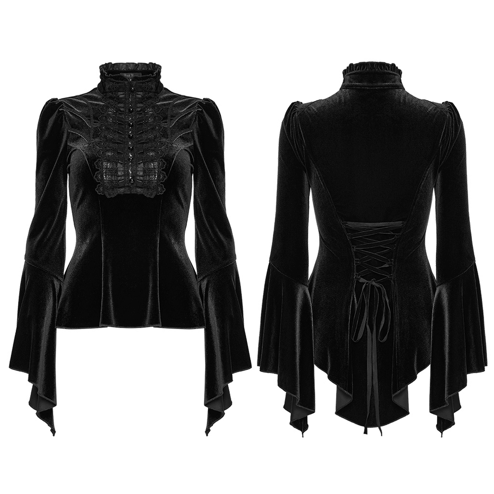 Elegant Goth Top with Ruffled Lace and Pearl Buttons