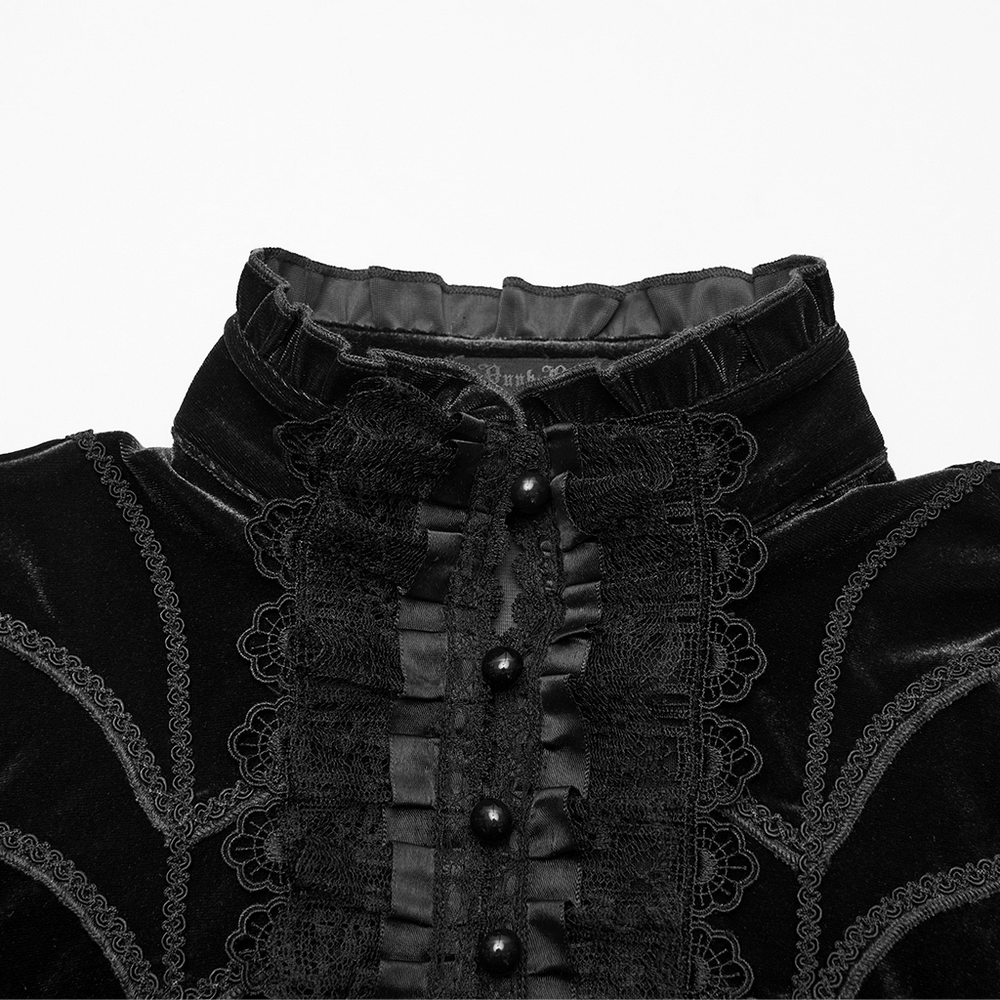 Elegant Goth Top with Ruffled Lace and Pearl Buttons