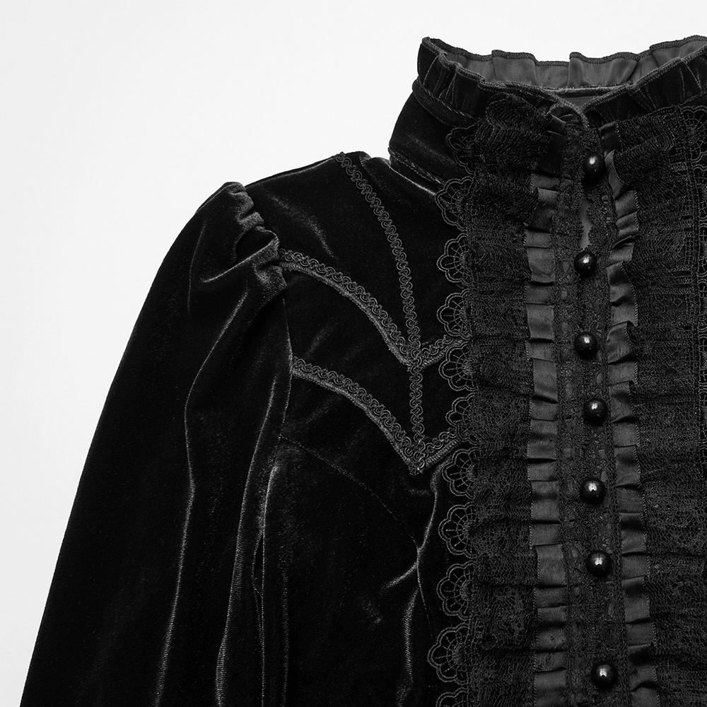 Elegant Goth Top with Ruffled Lace and Pearl Buttons