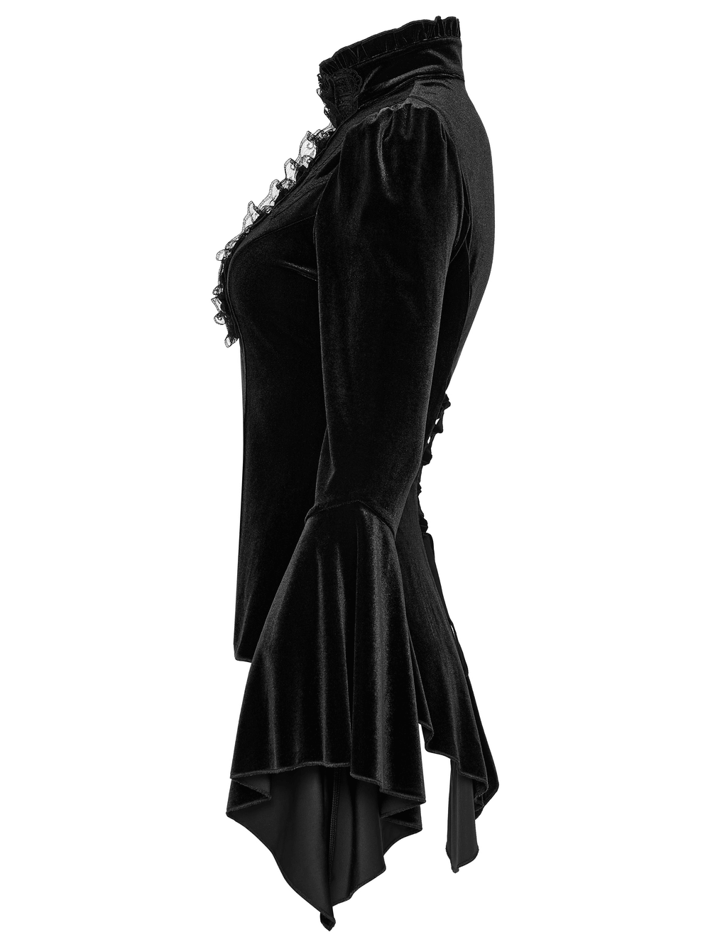 Elegant Goth Top with Ruffled Lace and Pearl Buttons