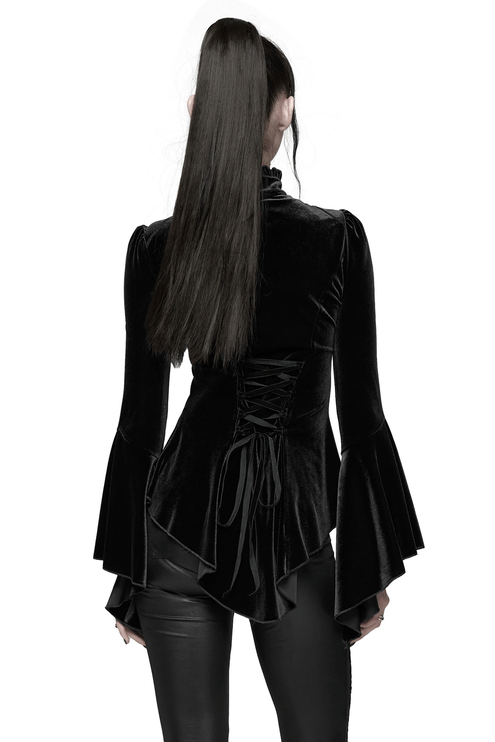 Elegant Goth Top with Ruffled Lace and Pearl Buttons