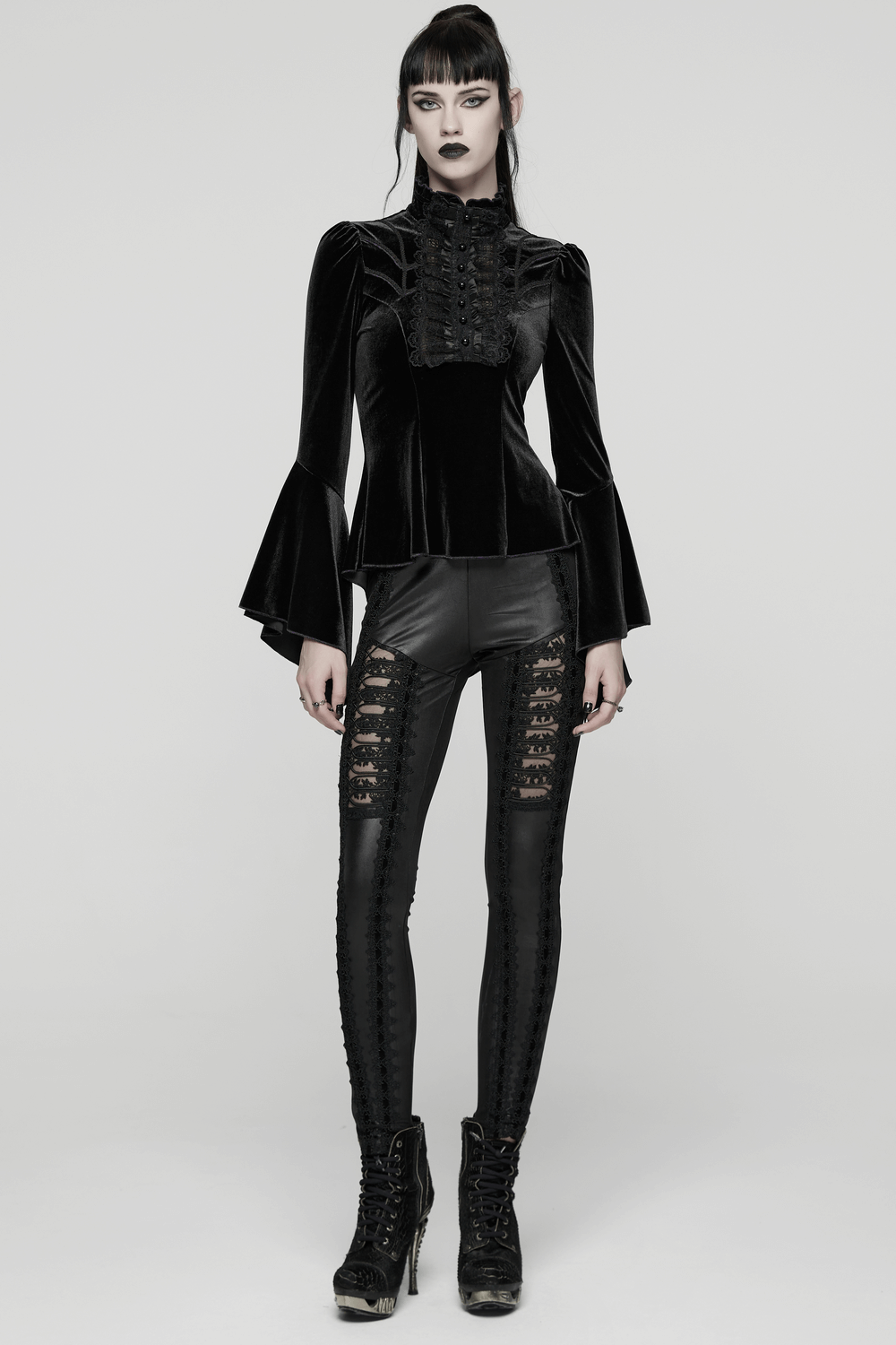 Elegant Goth Top with Ruffled Lace and Pearl Buttons