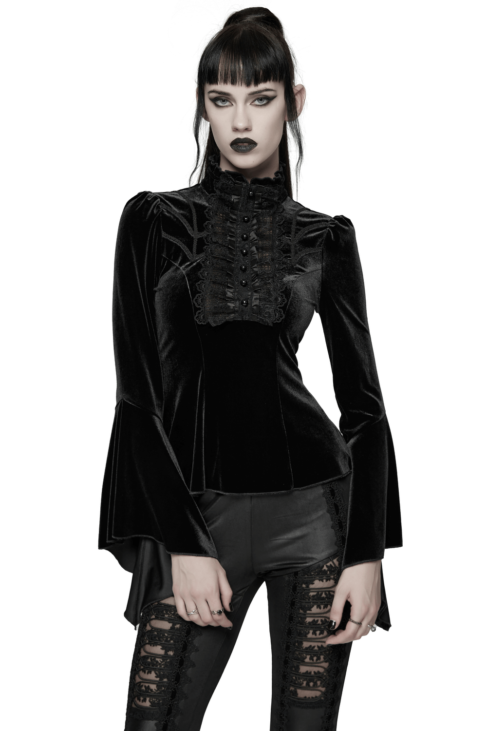 Elegant Goth Top with Ruffled Lace and Pearl Buttons