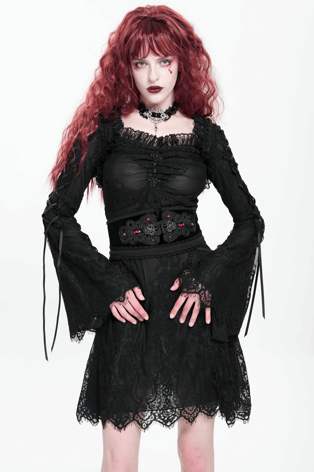 Elegant Gothic Black Lace Mini Dress with Flared Sleeves