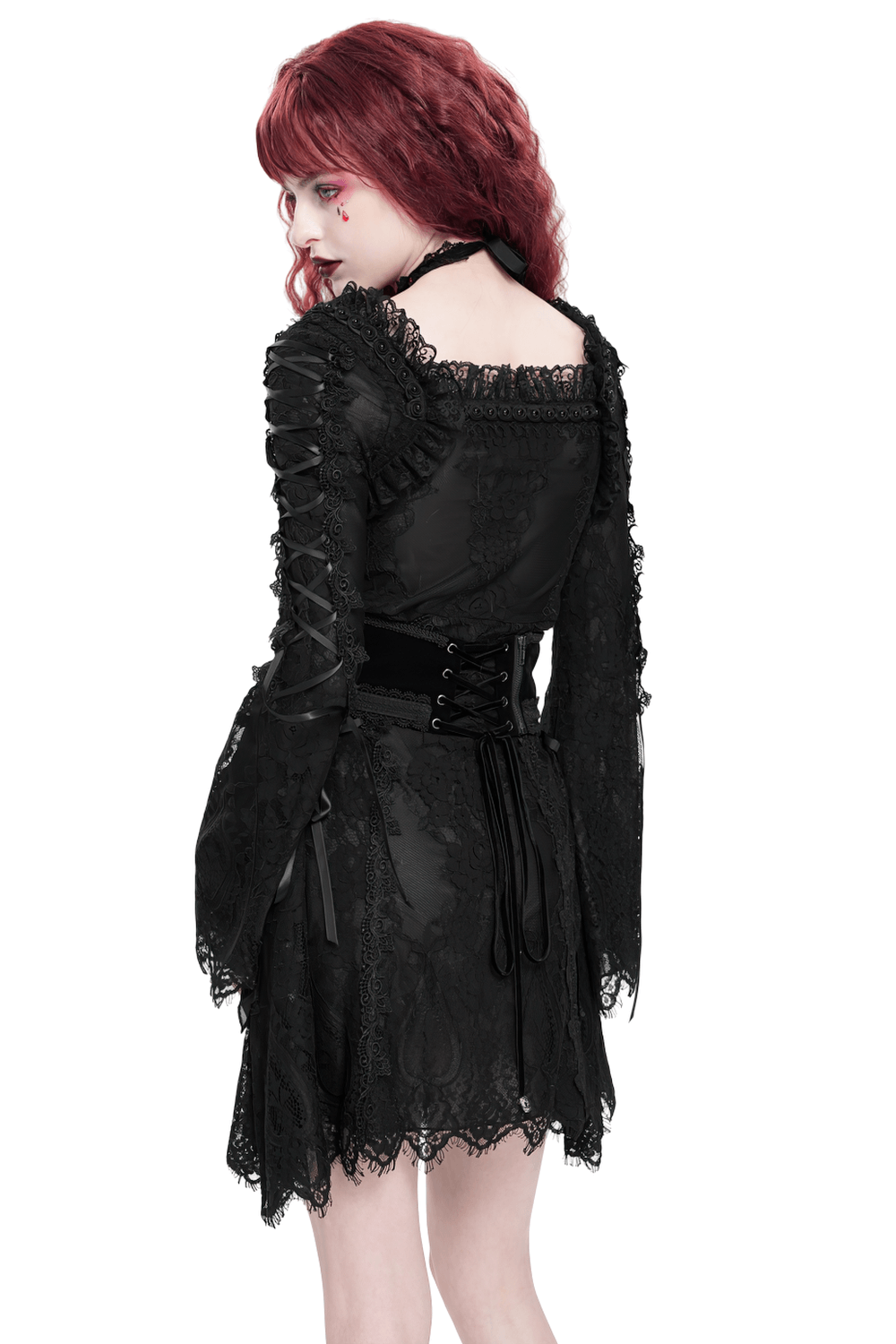 Elegant Gothic Black Lace Mini Dress with Flared Sleeves