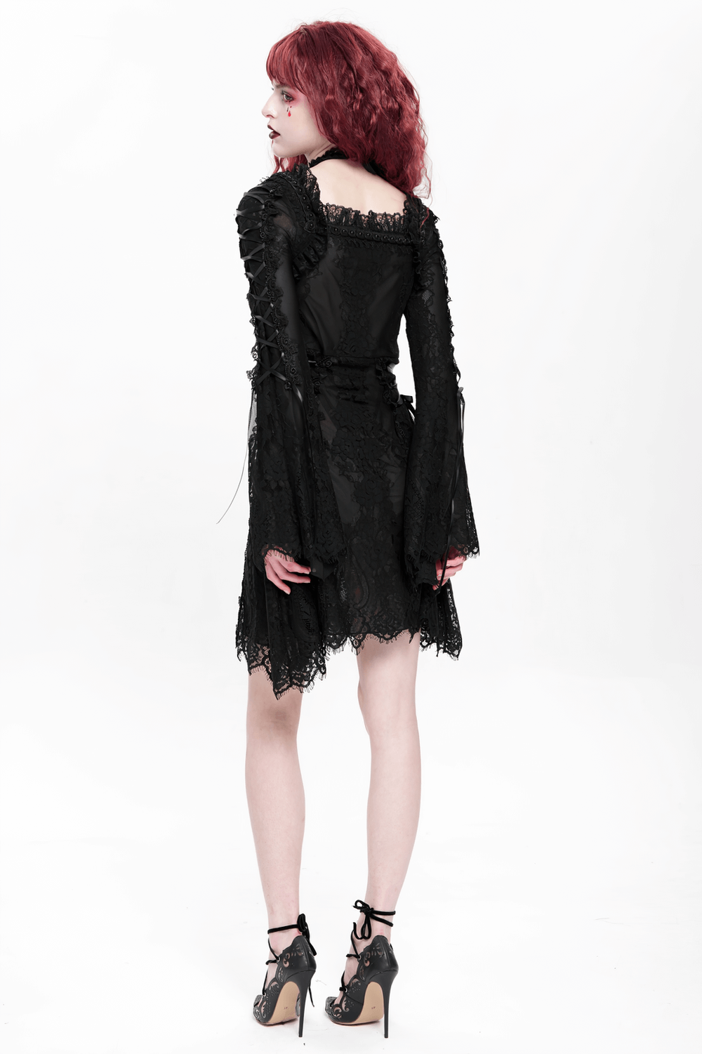 Elegant Gothic Black Lace Mini Dress with Flared Sleeves