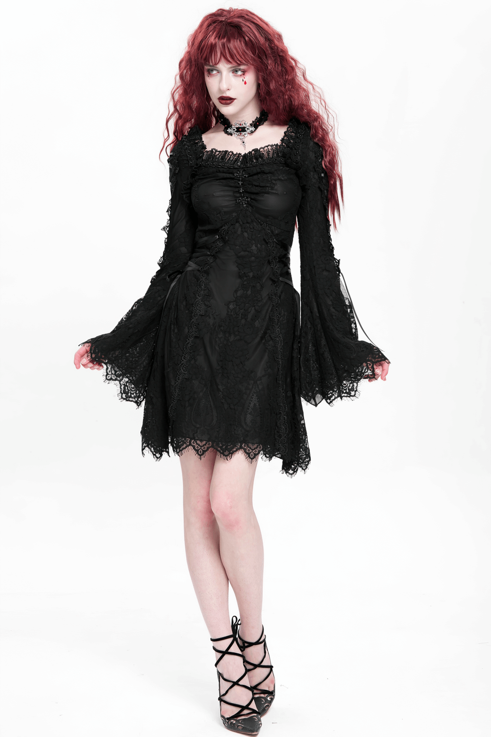 Elegant Gothic Black Lace Mini Dress with Flared Sleeves