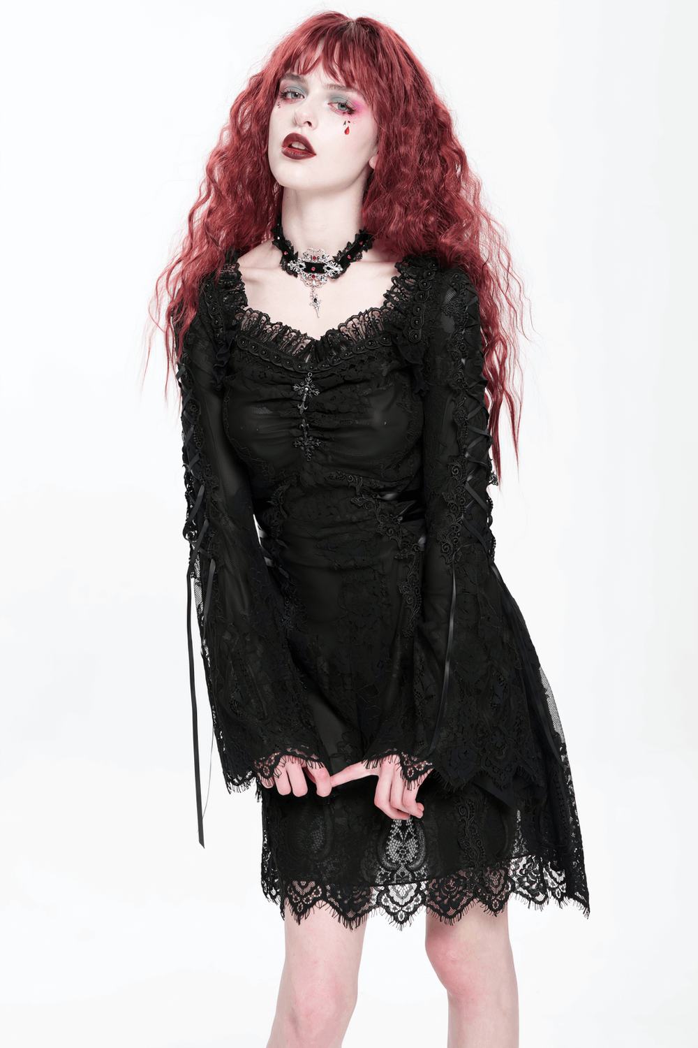 Elegant Gothic Black Lace Mini Dress with Flared Sleeves