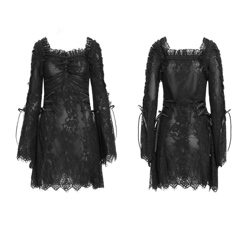 Elegant Gothic Black Lace Mini Dress with Flared Sleeves
