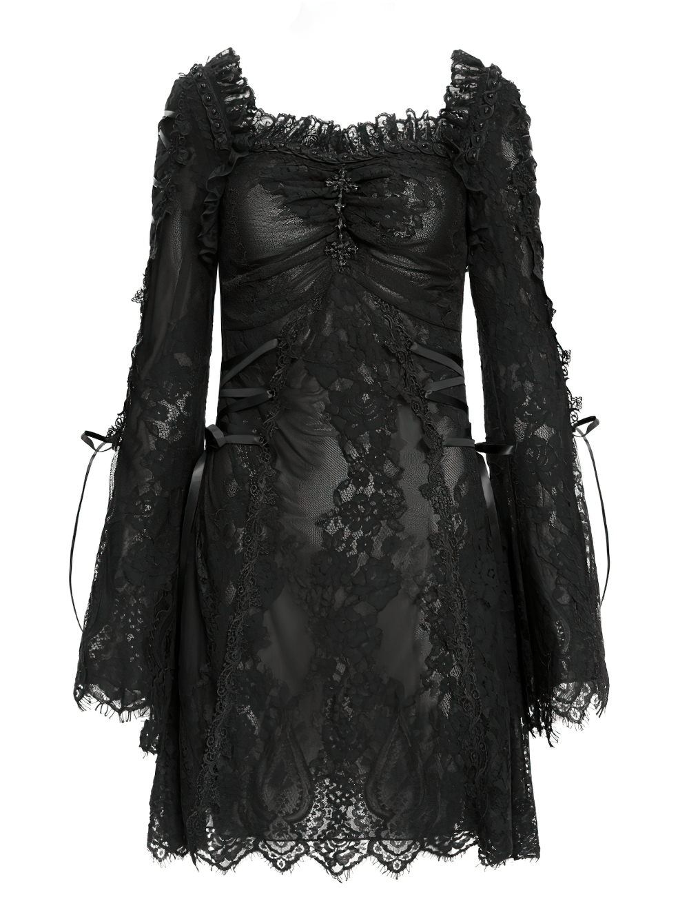 Elegant Gothic Black Lace Mini Dress with Flared Sleeves