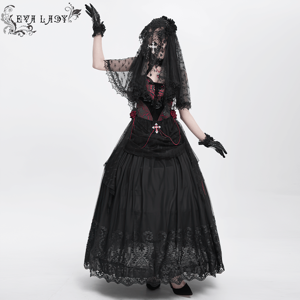 Elegant Gothic Black Mesh Maxi Skirt with Embroidered Hem