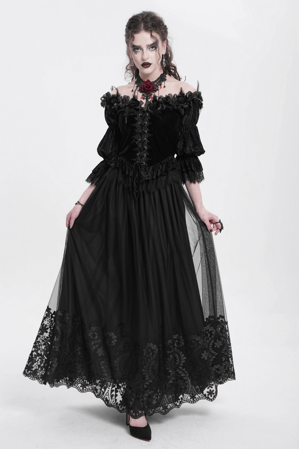 Elegant Gothic Black Mesh Maxi Skirt with Embroidered Hem