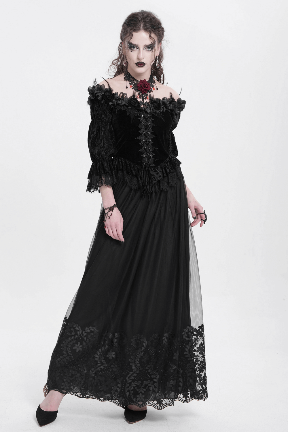 Elegant Gothic Black Mesh Maxi Skirt with Embroidered Hem