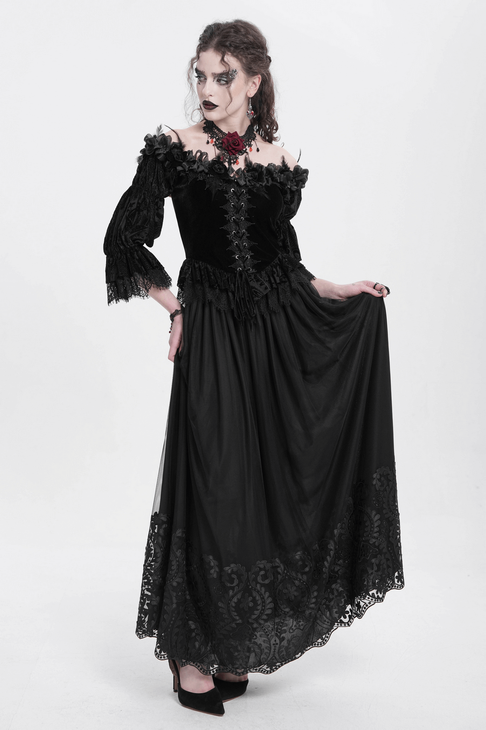 Elegant Gothic Black Mesh Maxi Skirt with Embroidered Hem