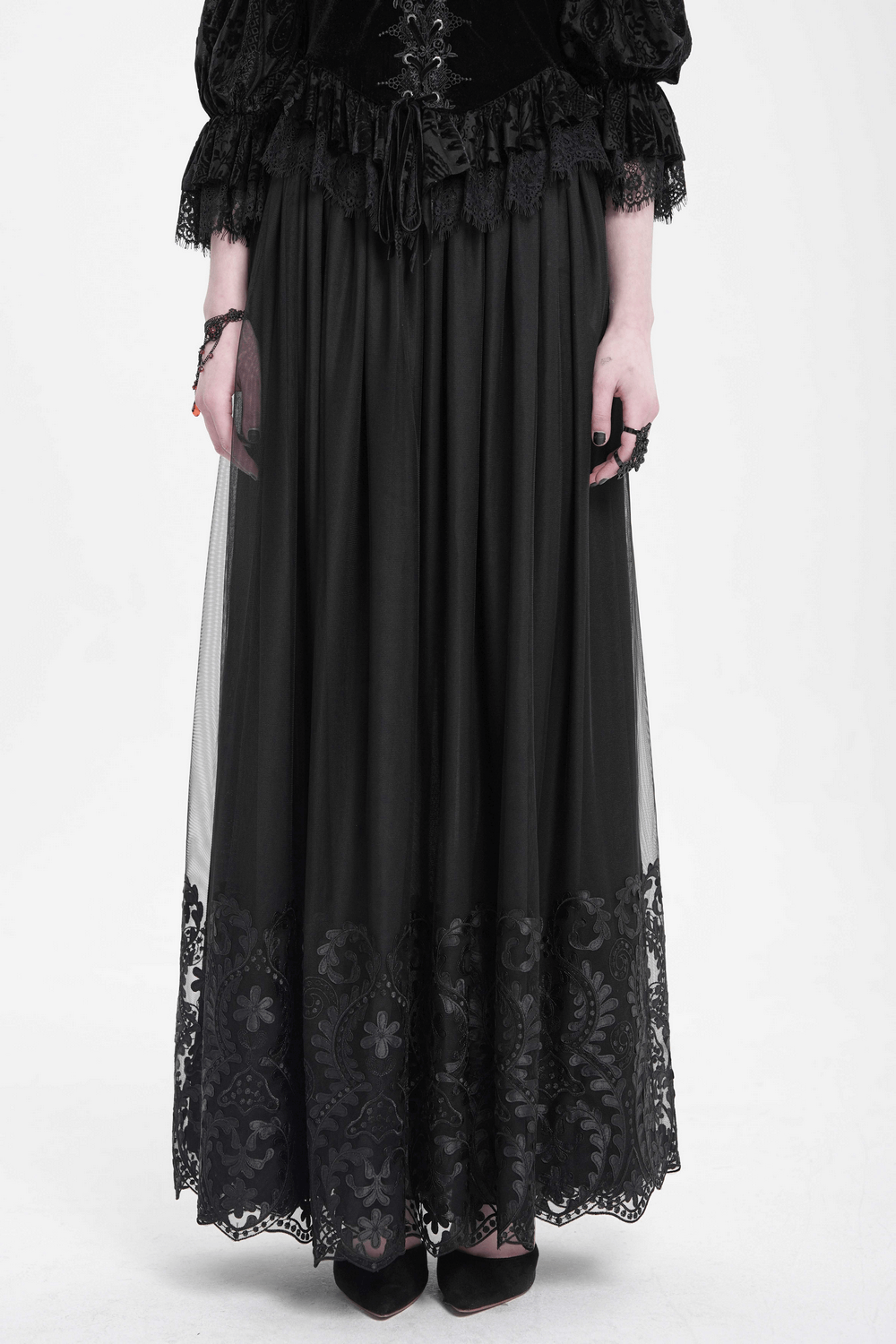 Elegant Gothic Black Mesh Maxi Skirt with Embroidered Hem