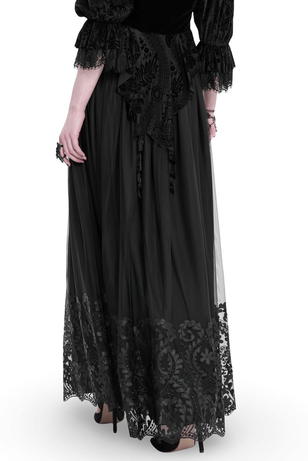 Elegant Gothic Black Mesh Maxi Skirt with Embroidered Hem