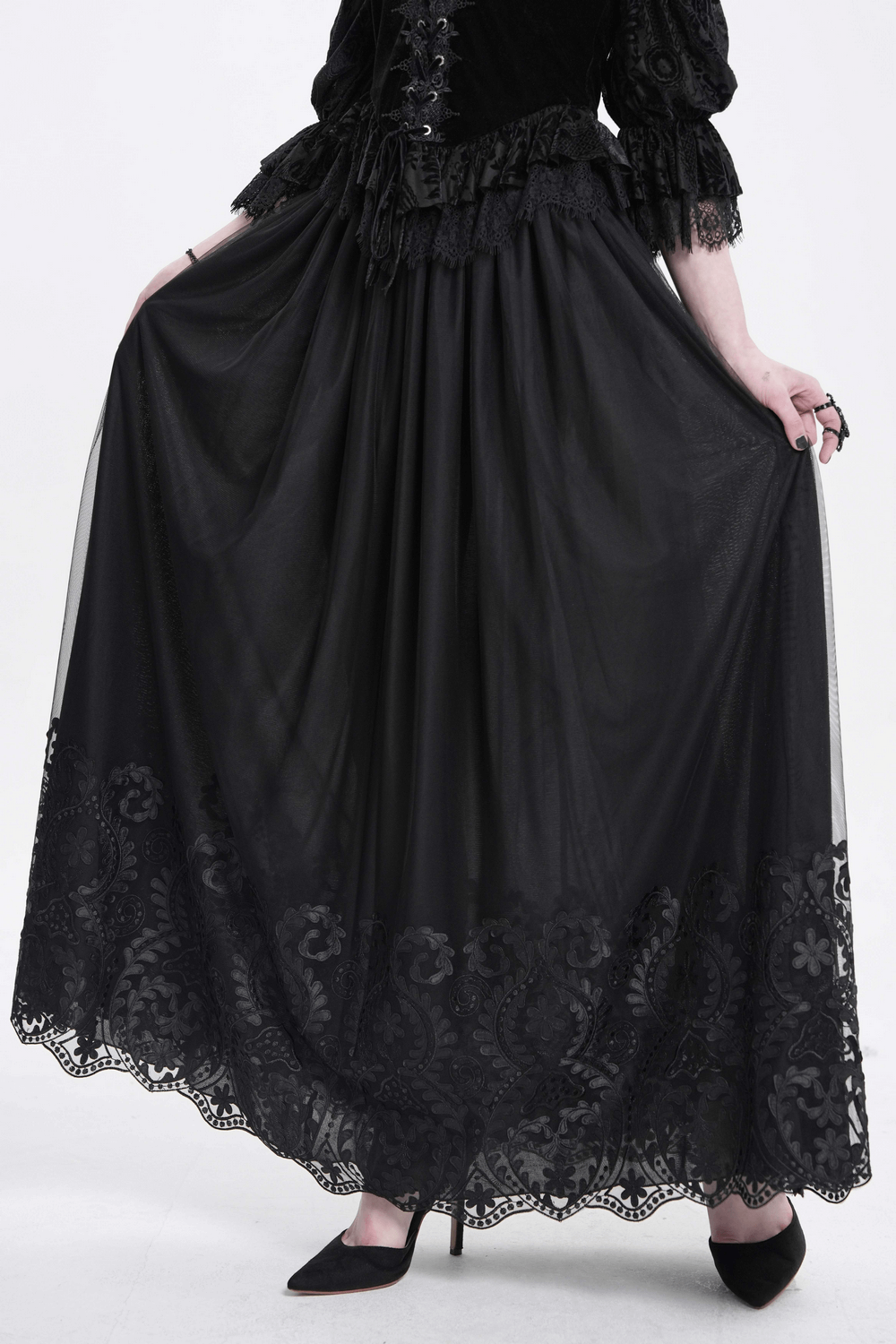 Elegant Gothic Black Mesh Maxi Skirt with Embroidered Hem