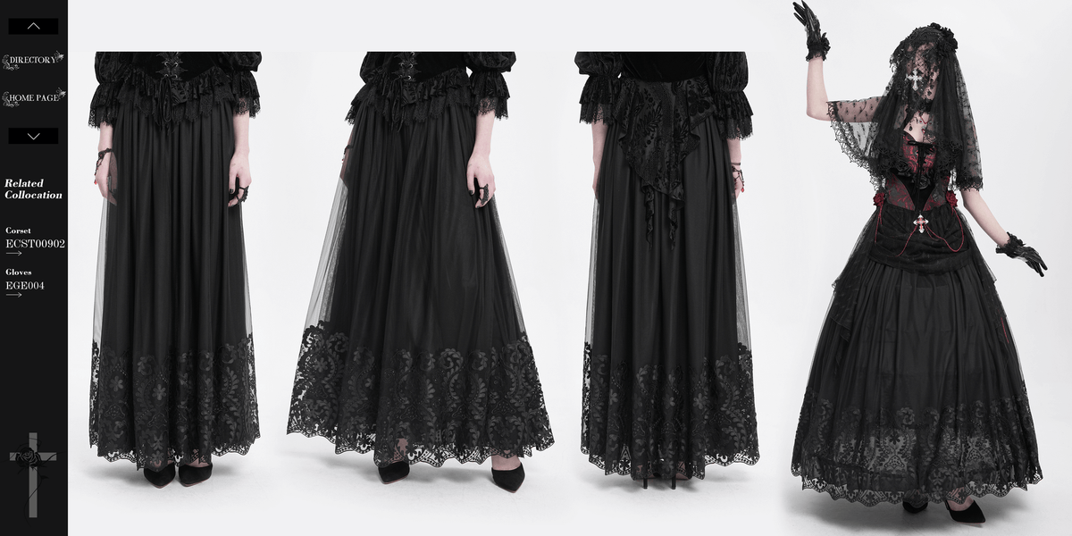 Elegant Gothic Black Mesh Maxi Skirt with Embroidered Hem