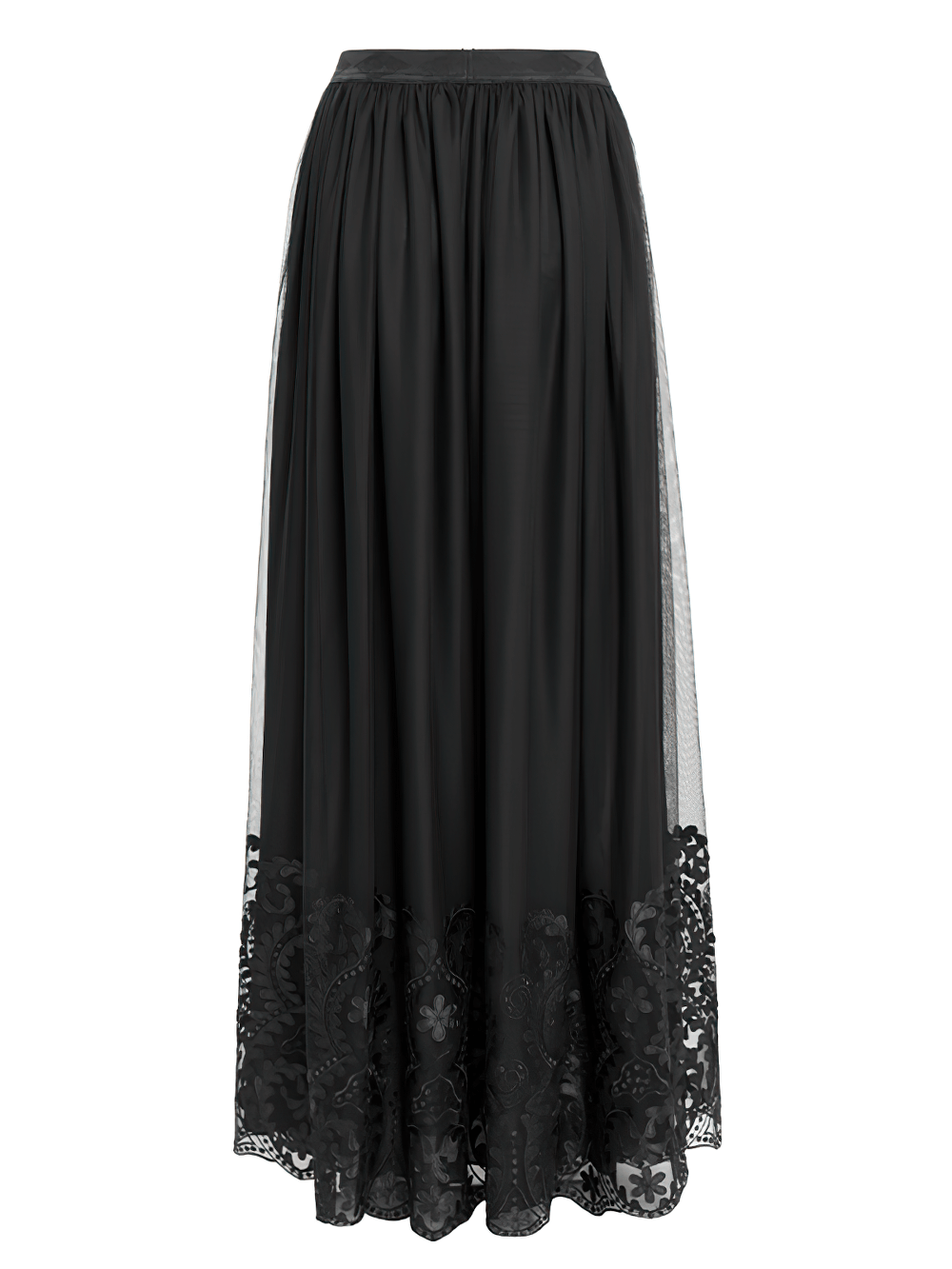 Elegant Gothic Black Mesh Maxi Skirt with Embroidered Hem