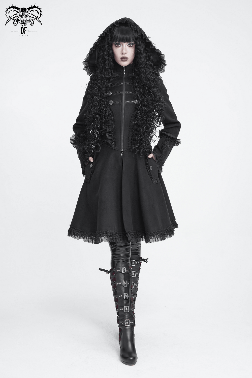 Elegant Gothic Hooded Coat with Flared Silhouette