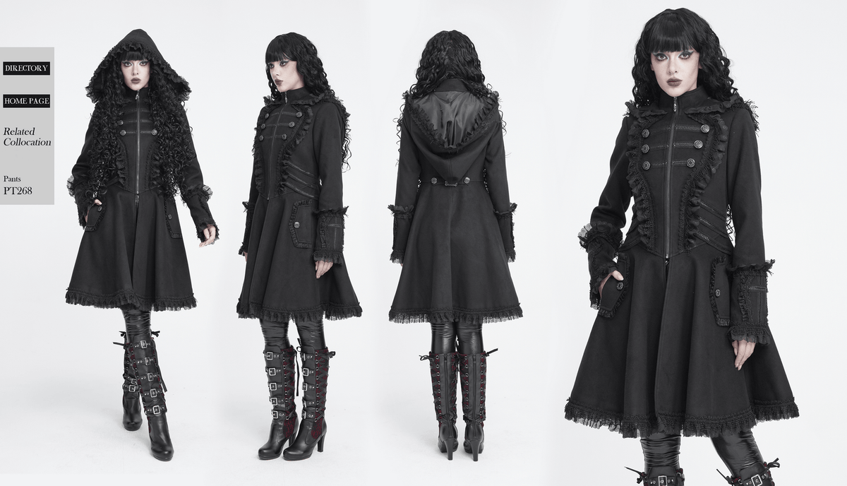 Elegant Gothic Hooded Coat with Flared Silhouette