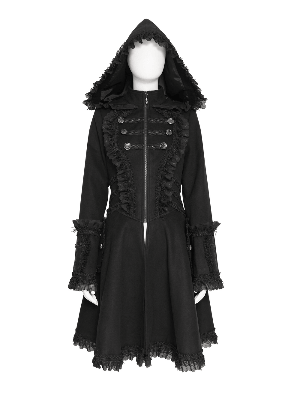Elegant Gothic Hooded Coat with Flared Silhouette
