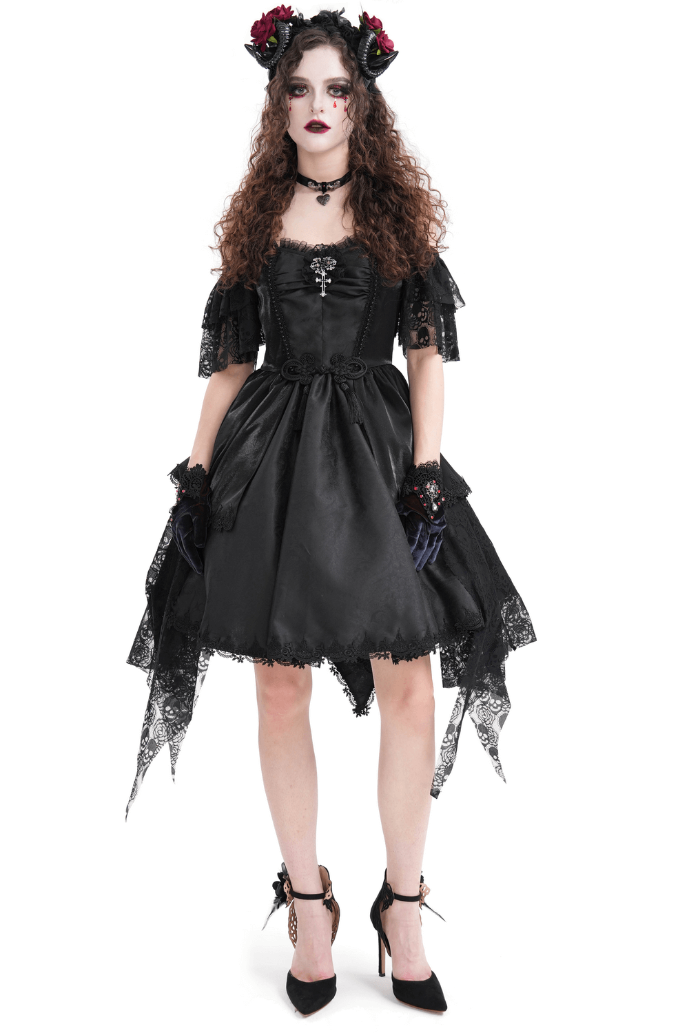 Elegant Gothic Lace Dress with Skulls and Tiered Layers
