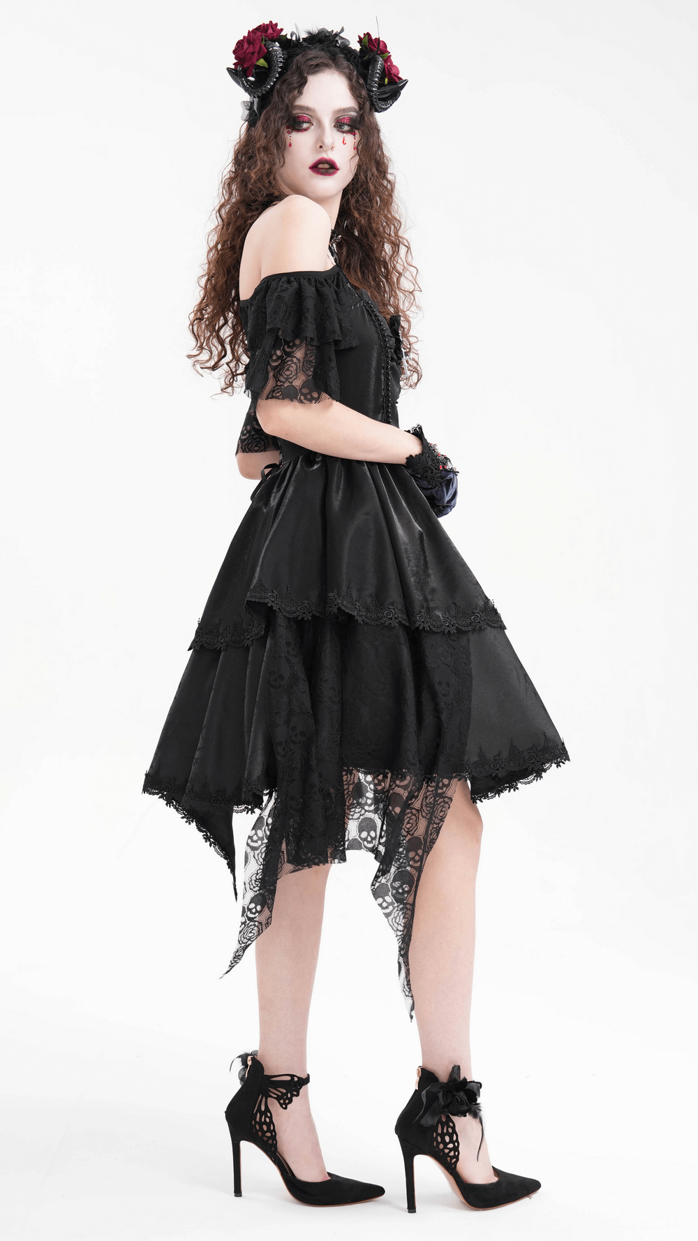 Elegant Gothic Lace Dress with Skulls and Tiered Layers