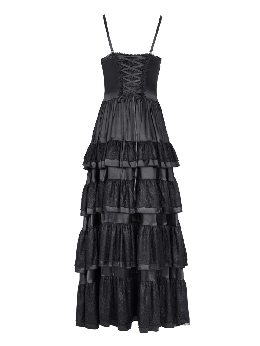 EU SALE of Elegant Gothic Lace Tiered Ruffle Maxi Dress with Straps