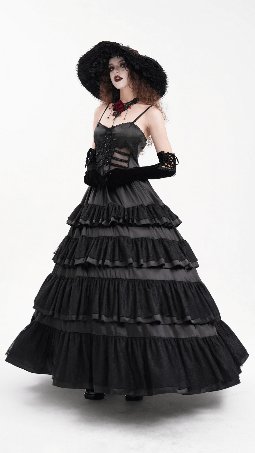 EU SALE of Elegant Gothic Lace Tiered Ruffle Maxi Dress with Straps