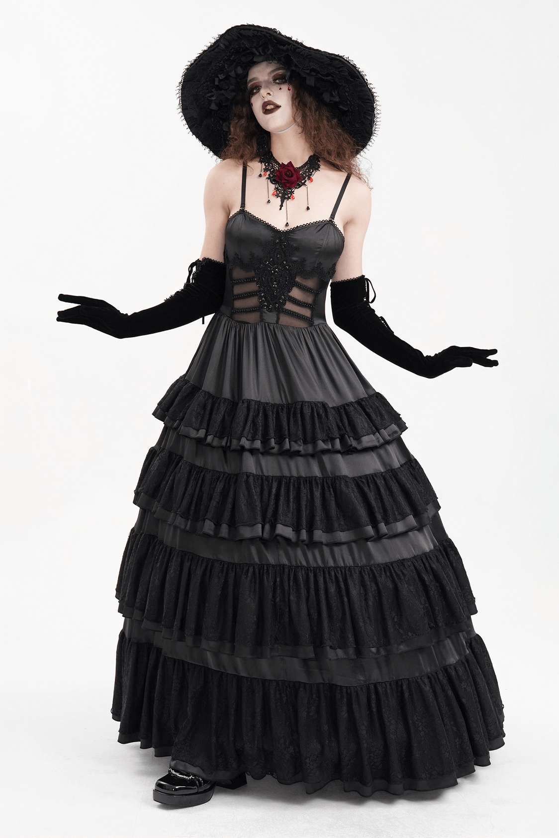 EU SALE of Elegant Gothic Lace Tiered Ruffle Maxi Dress with Straps