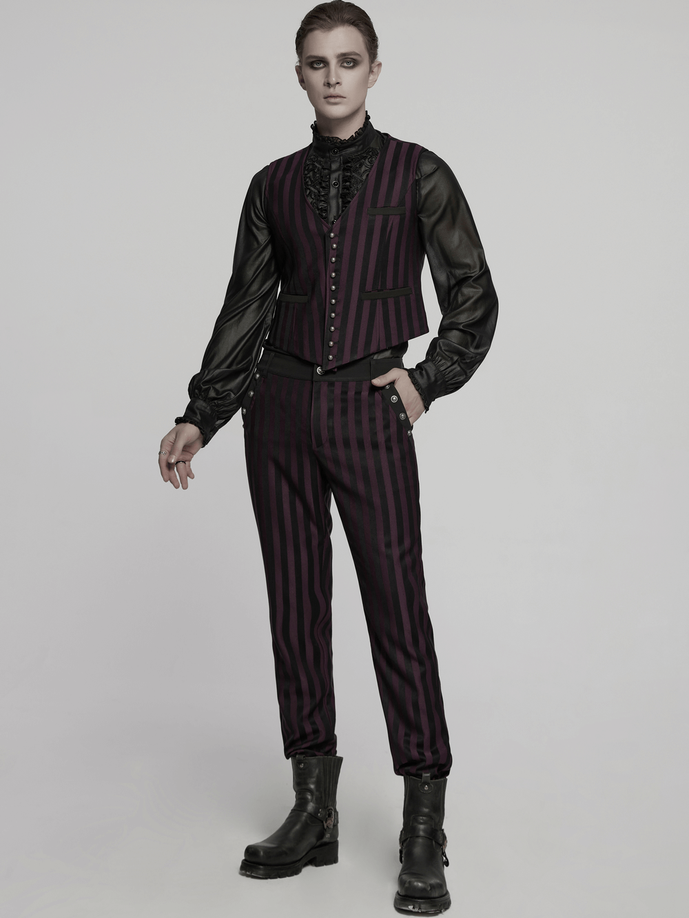 Elegant Gothic Striped Button-Up Waistcoat for Men