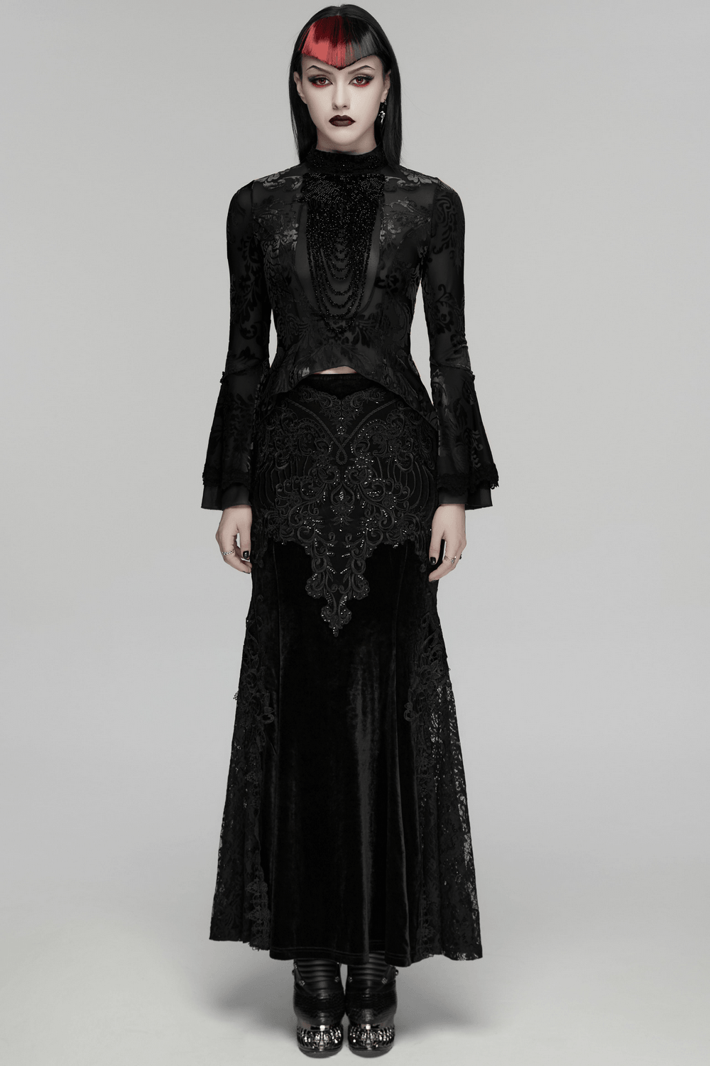 Elegant Gothic Top With Beaded Plunge and Lace Back