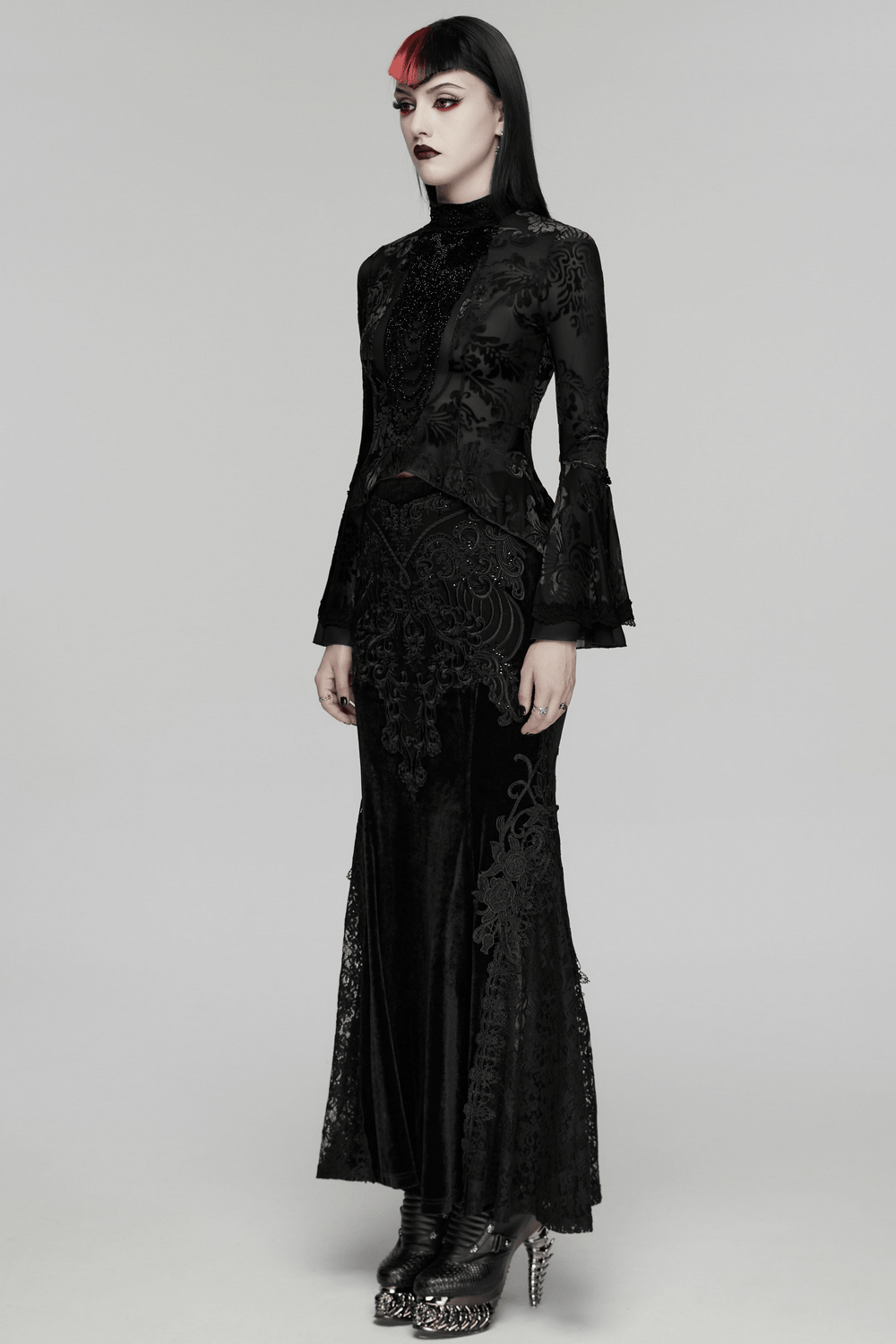 Elegant Gothic Top With Beaded Plunge and Lace Back