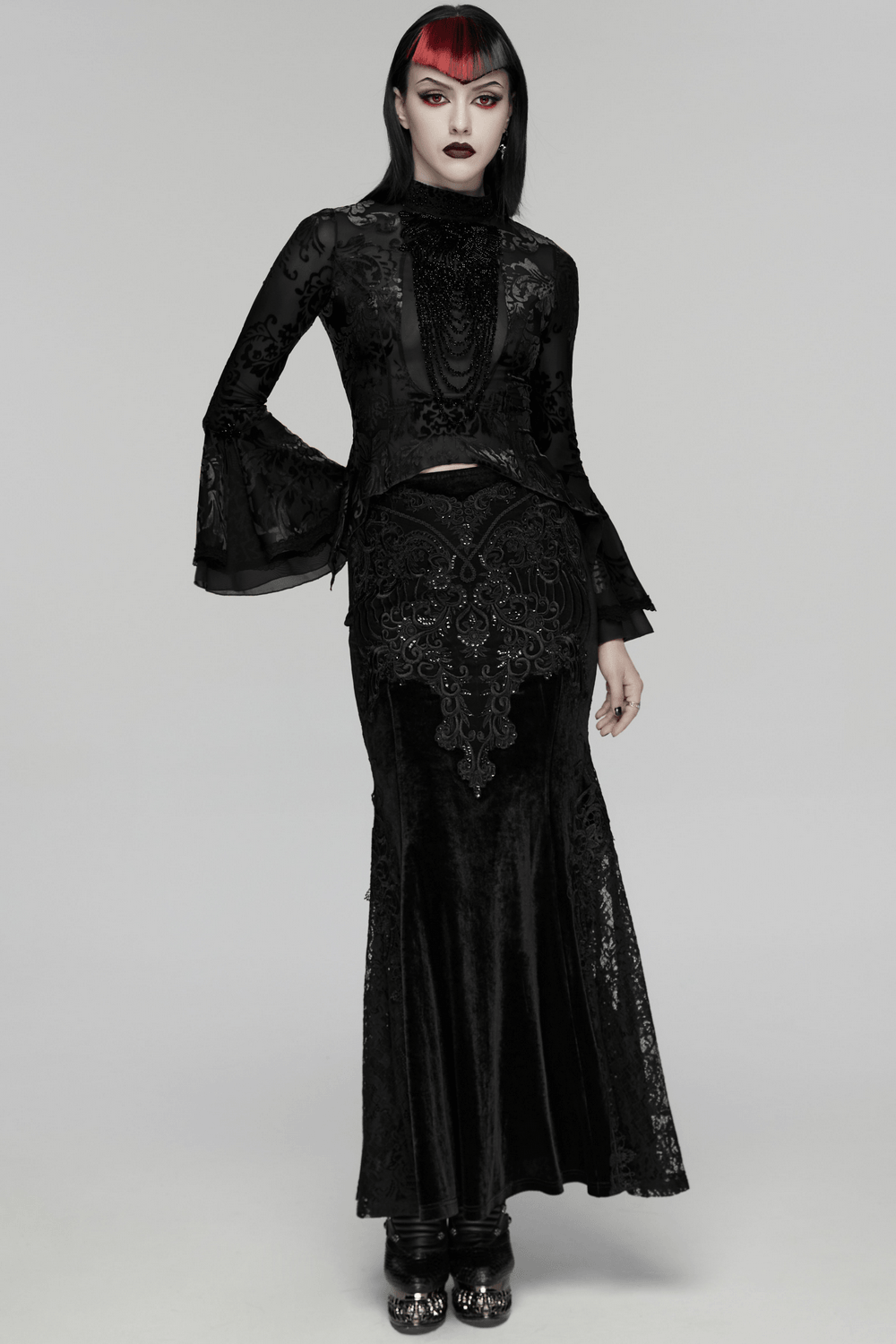 Elegant Gothic Top With Beaded Plunge and Lace Back