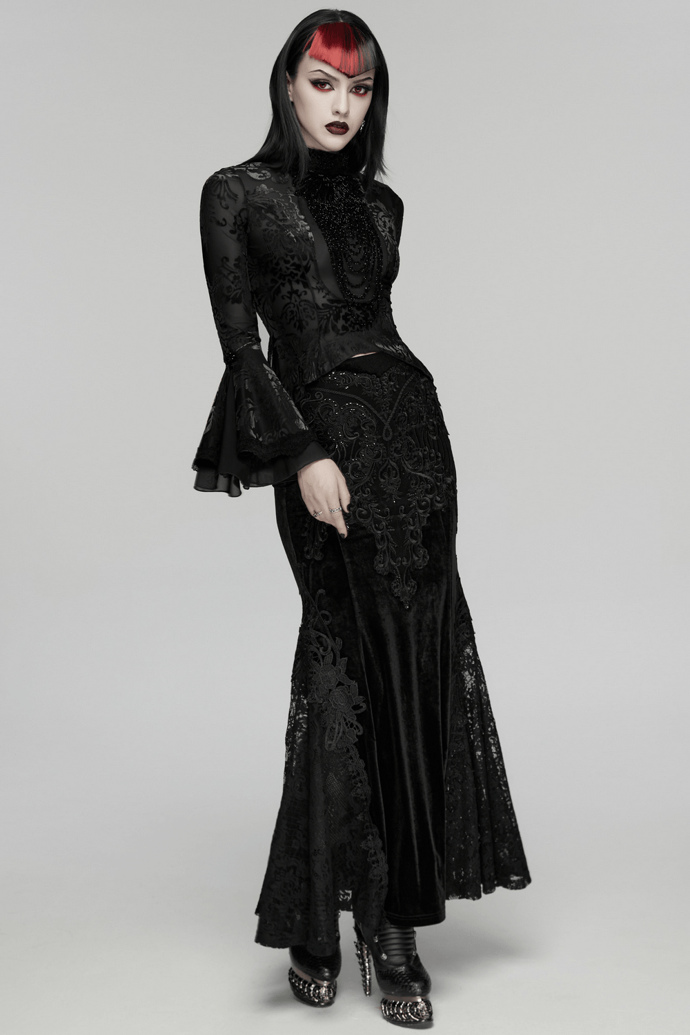Elegant Gothic Top With Beaded Plunge and Lace Back
