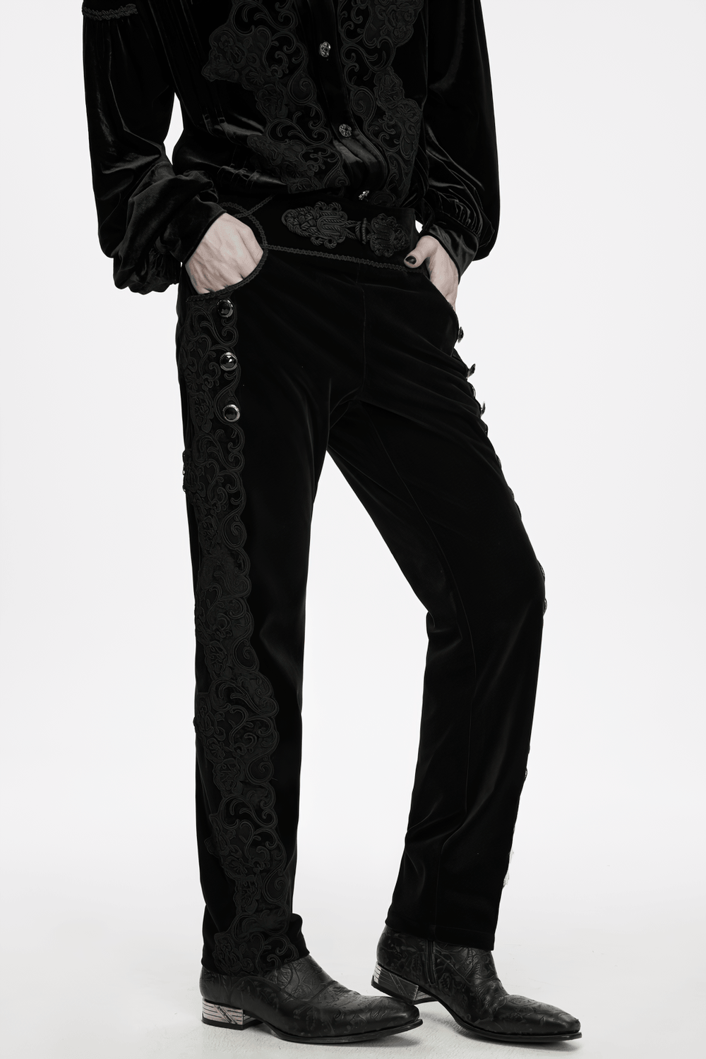 Elegant Gothic Velvet Pants with Scroll Embroidery