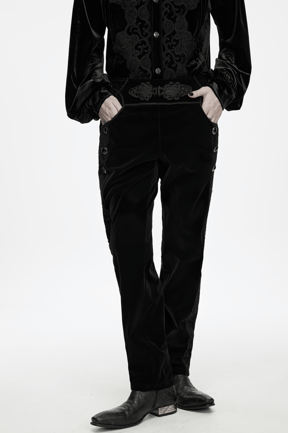 Elegant Gothic Velvet Pants with Scroll Embroidery
