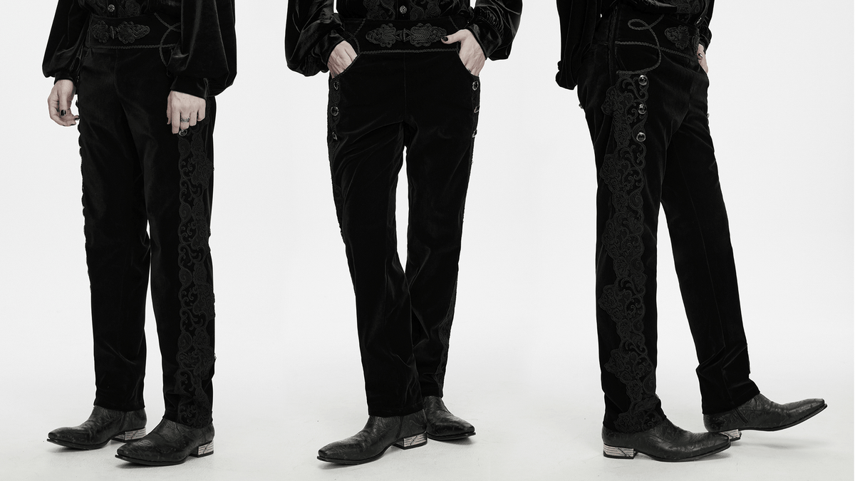 Elegant Gothic Velvet Pants with Scroll Embroidery