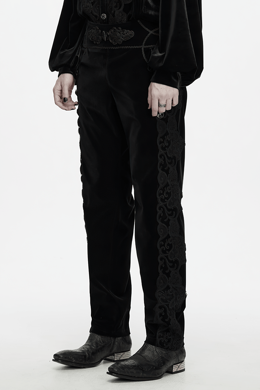 Elegant Gothic Velvet Pants with Scroll Embroidery