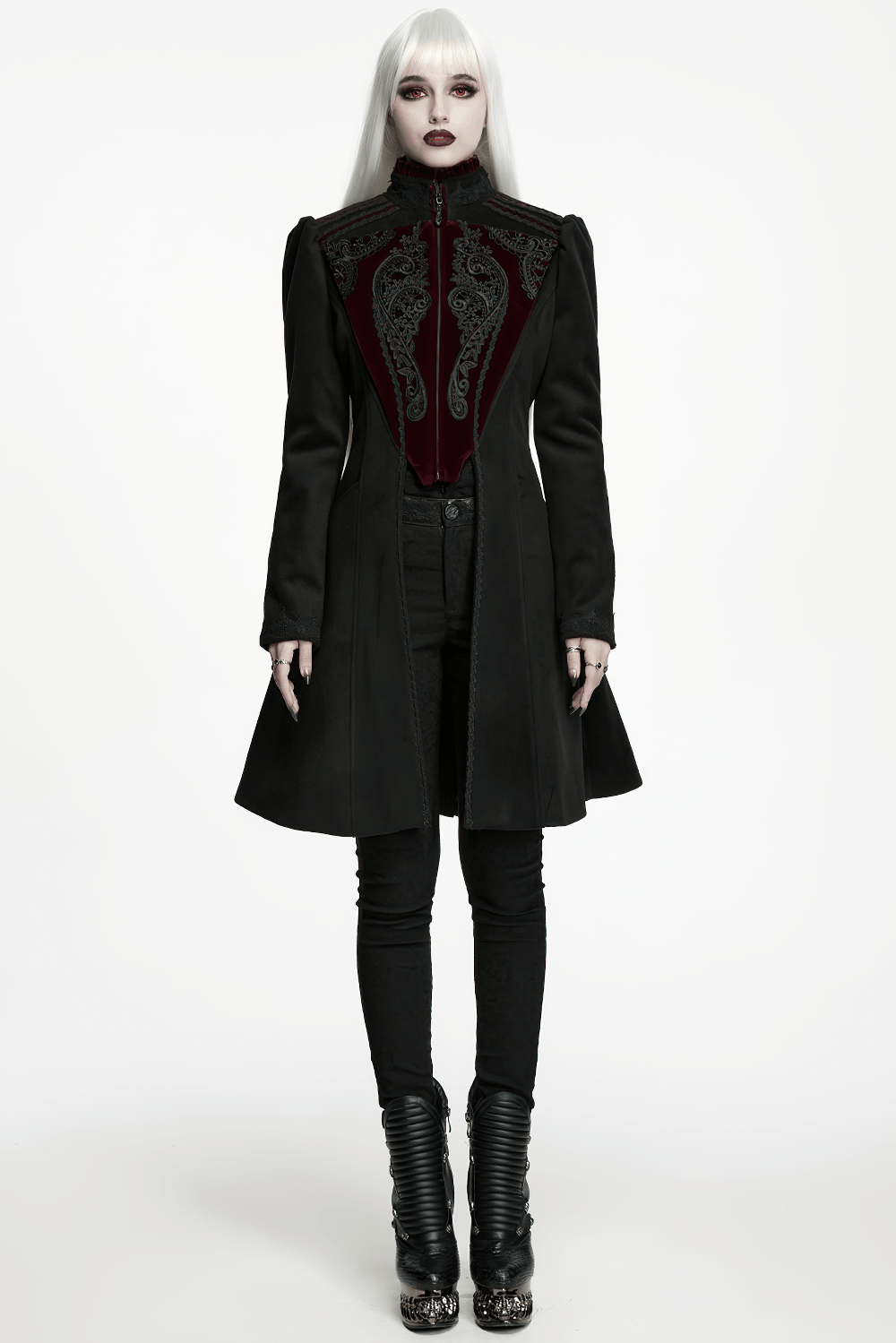 Elegant Gothic Wool Coat with Velvet Applique Detail