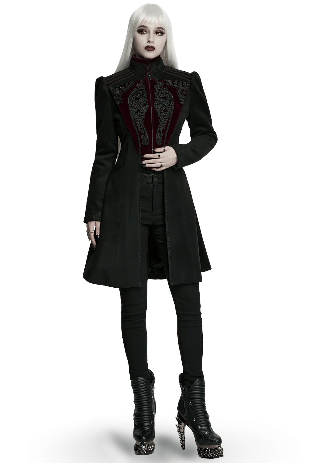 Elegant Gothic Wool Coat with Velvet Applique Detail