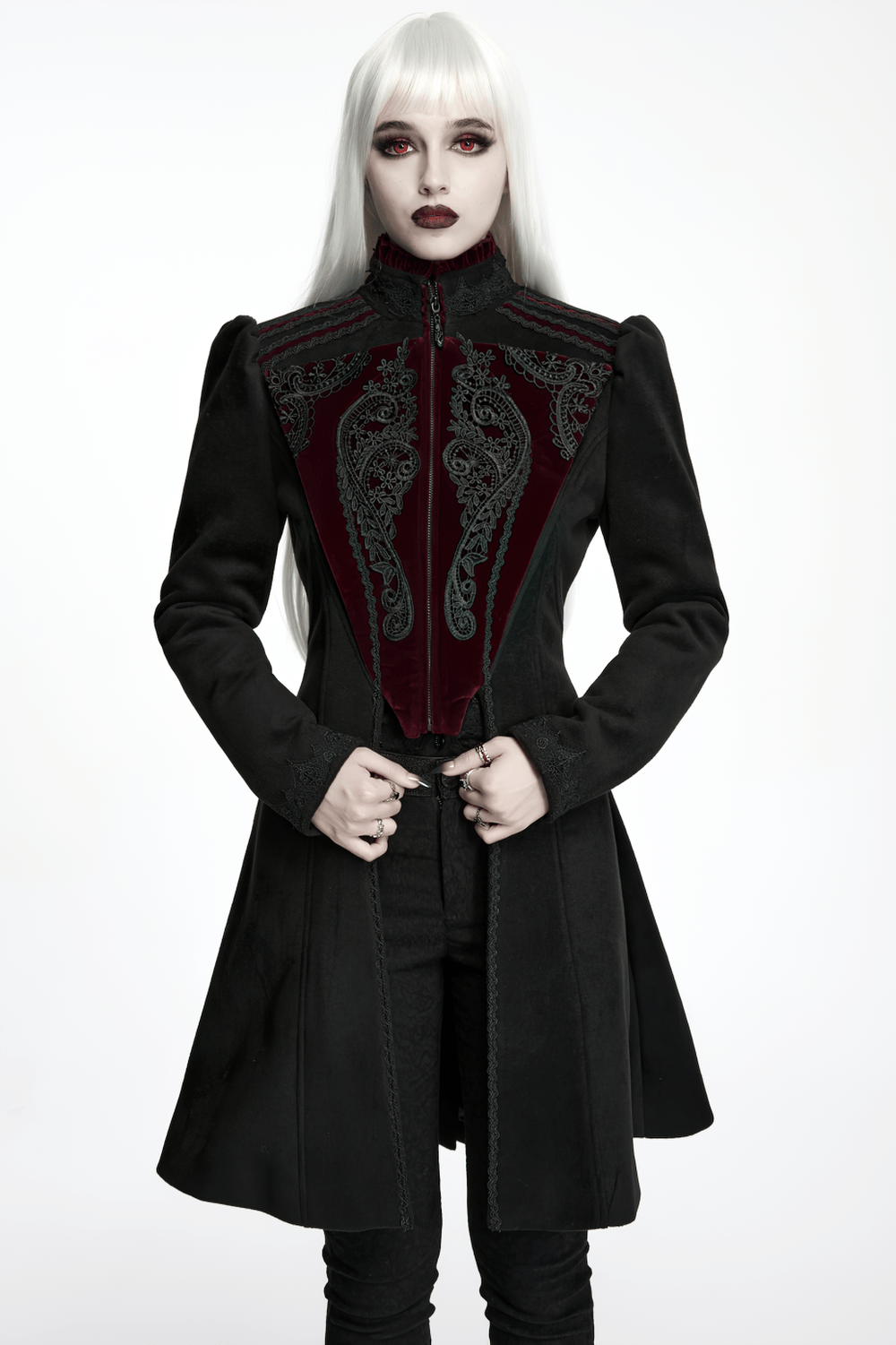 Elegant Gothic Wool Coat with Velvet Applique Detail