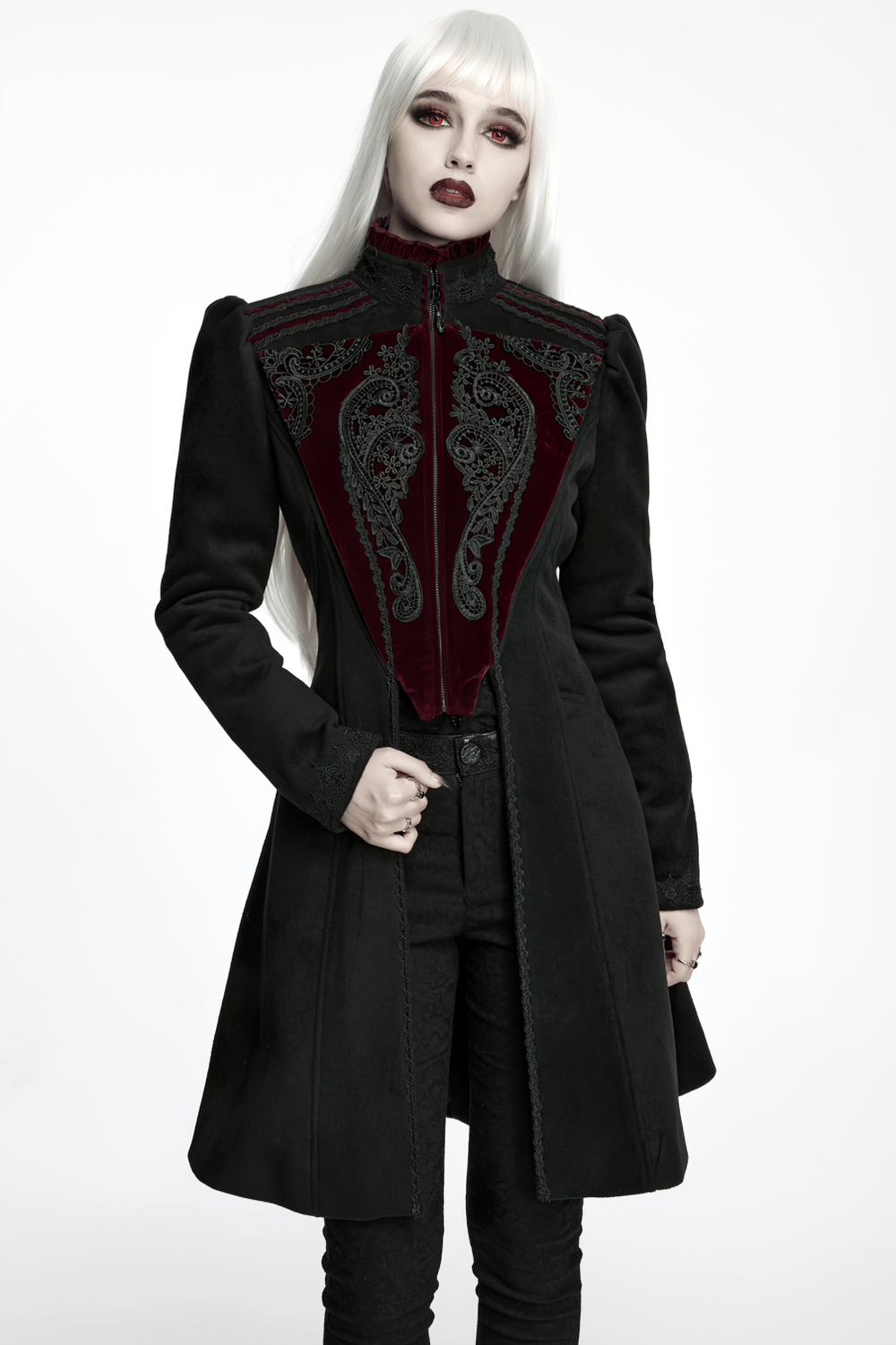 Elegant Gothic Wool Coat with Velvet Applique Detail