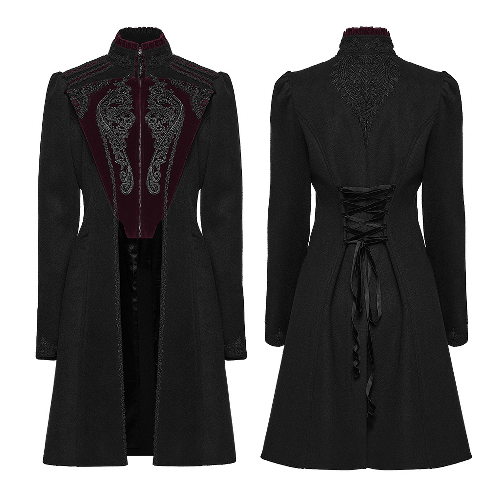 Elegant Gothic Wool Coat with Velvet Applique Detail