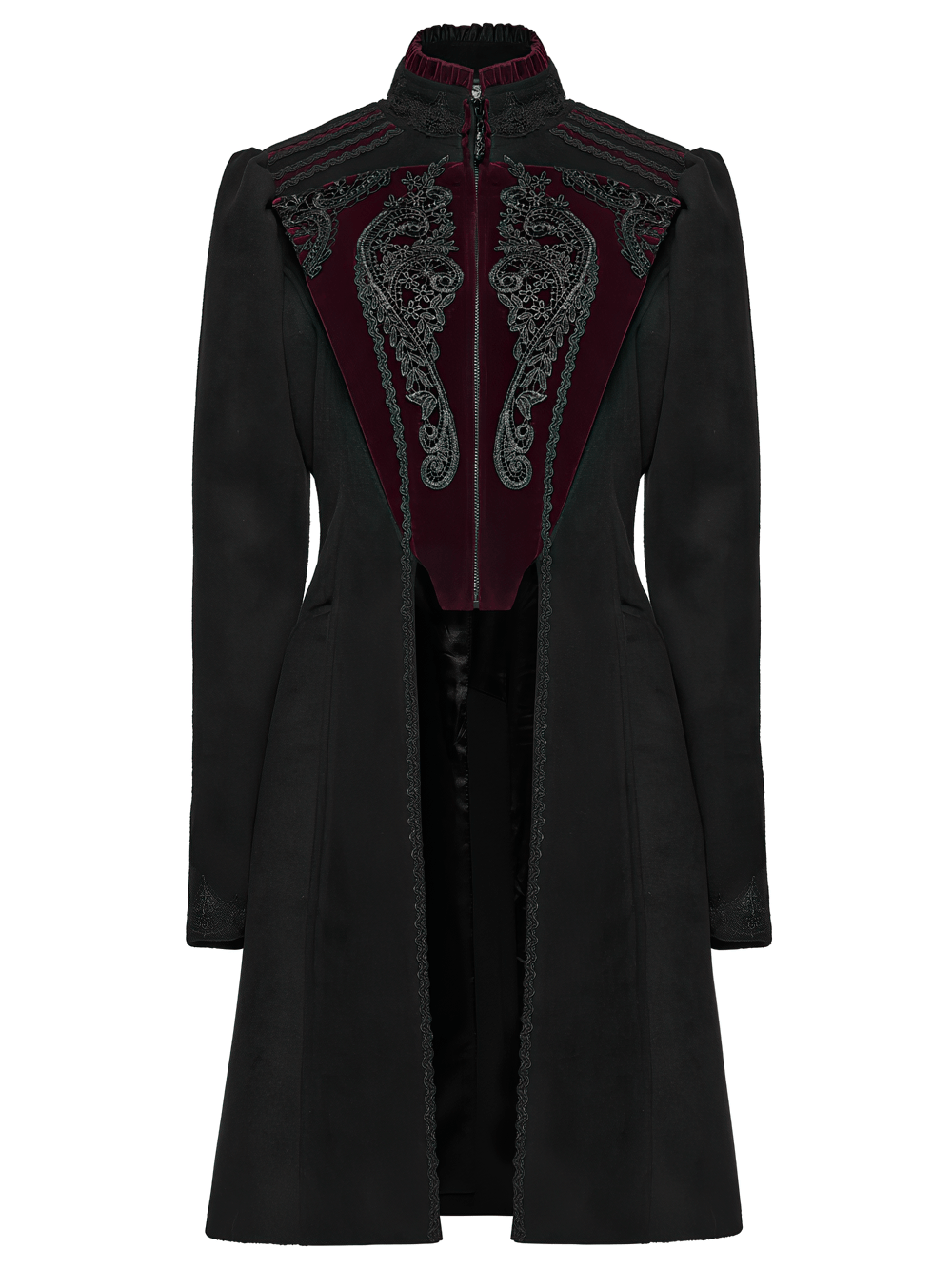 Elegant Gothic Wool Coat with Velvet Applique Detail