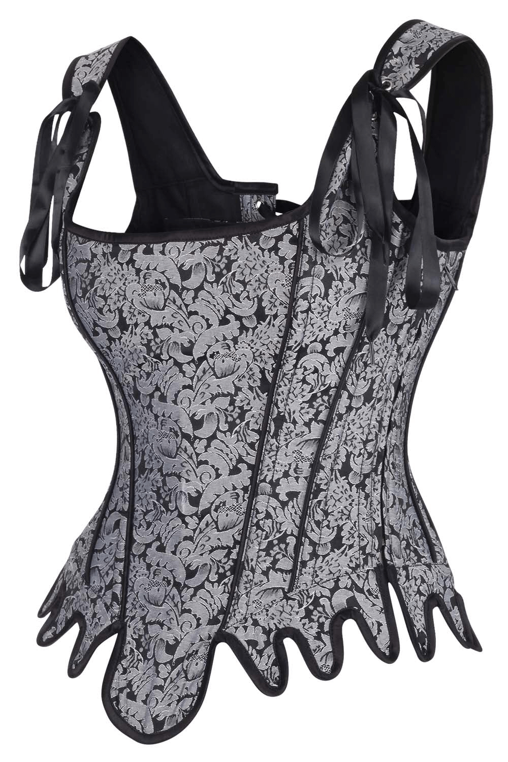 Elegant Gray Brocade Overbust Corset with Steel Boning
