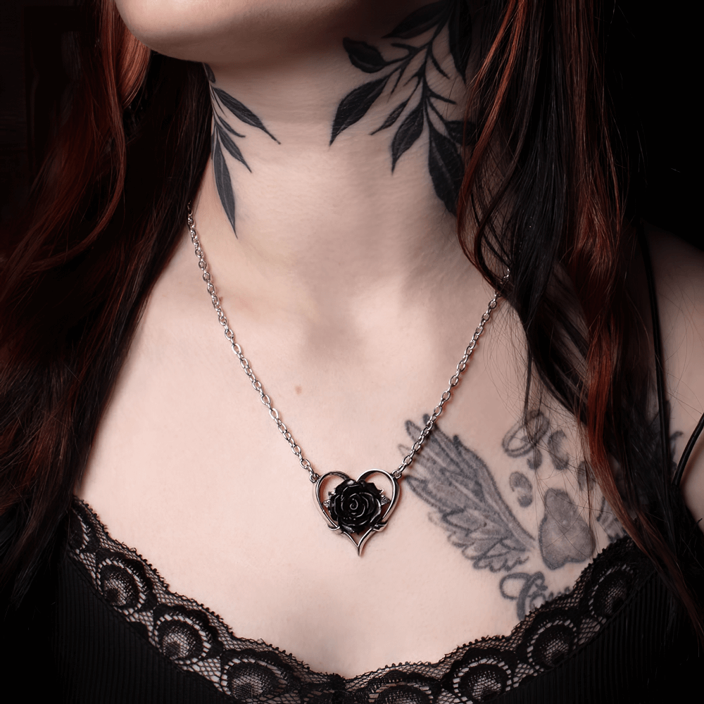 Elegant Heart of Blackness Pendant with Black Rose